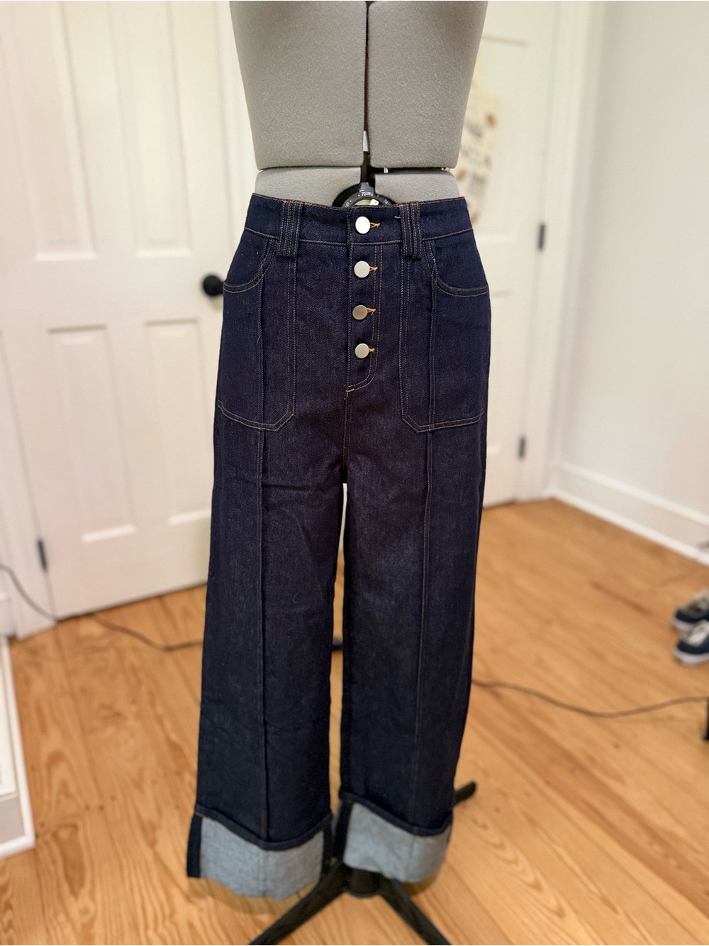 High-Rise Wide-Leg Dark Indigo Button-Front Jeans